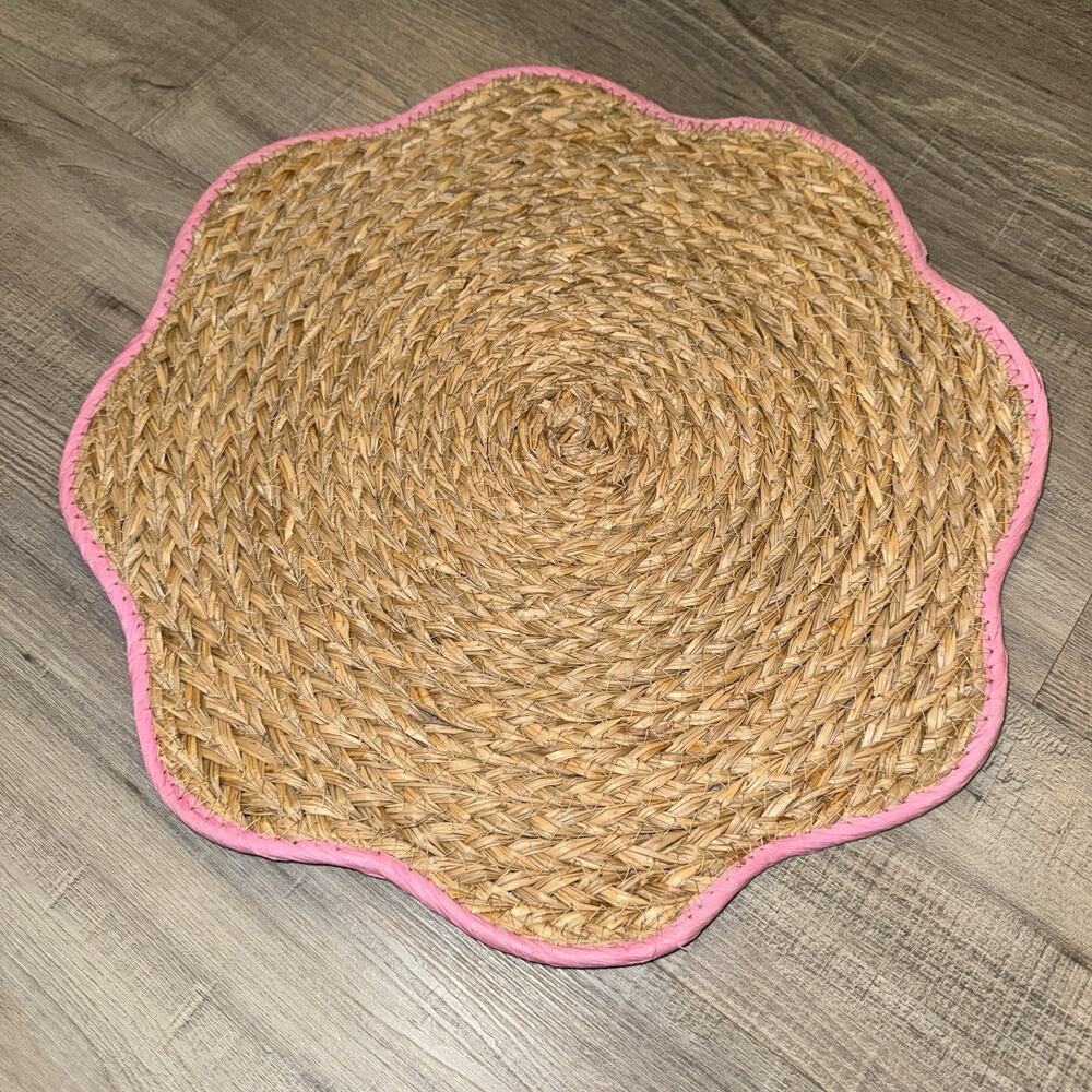 Hobby Lobby Woven Straw Flower Placemat Natural Tan Pink Trim Boho Decor NWOT